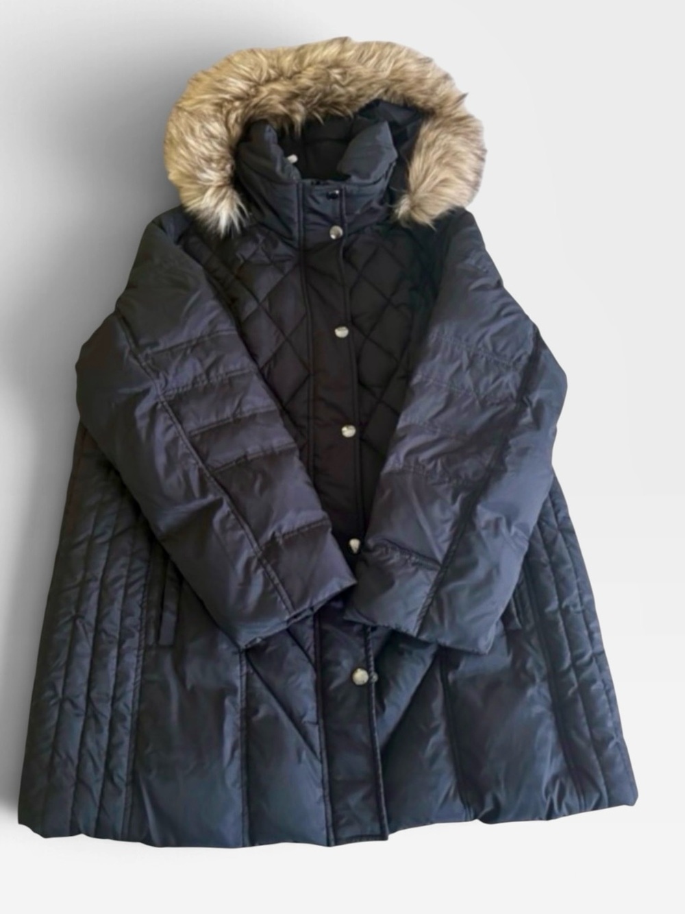 London Fog Black Quilted Hooded Puffer Coat with Faux Fur Trim Removable Hood-1X